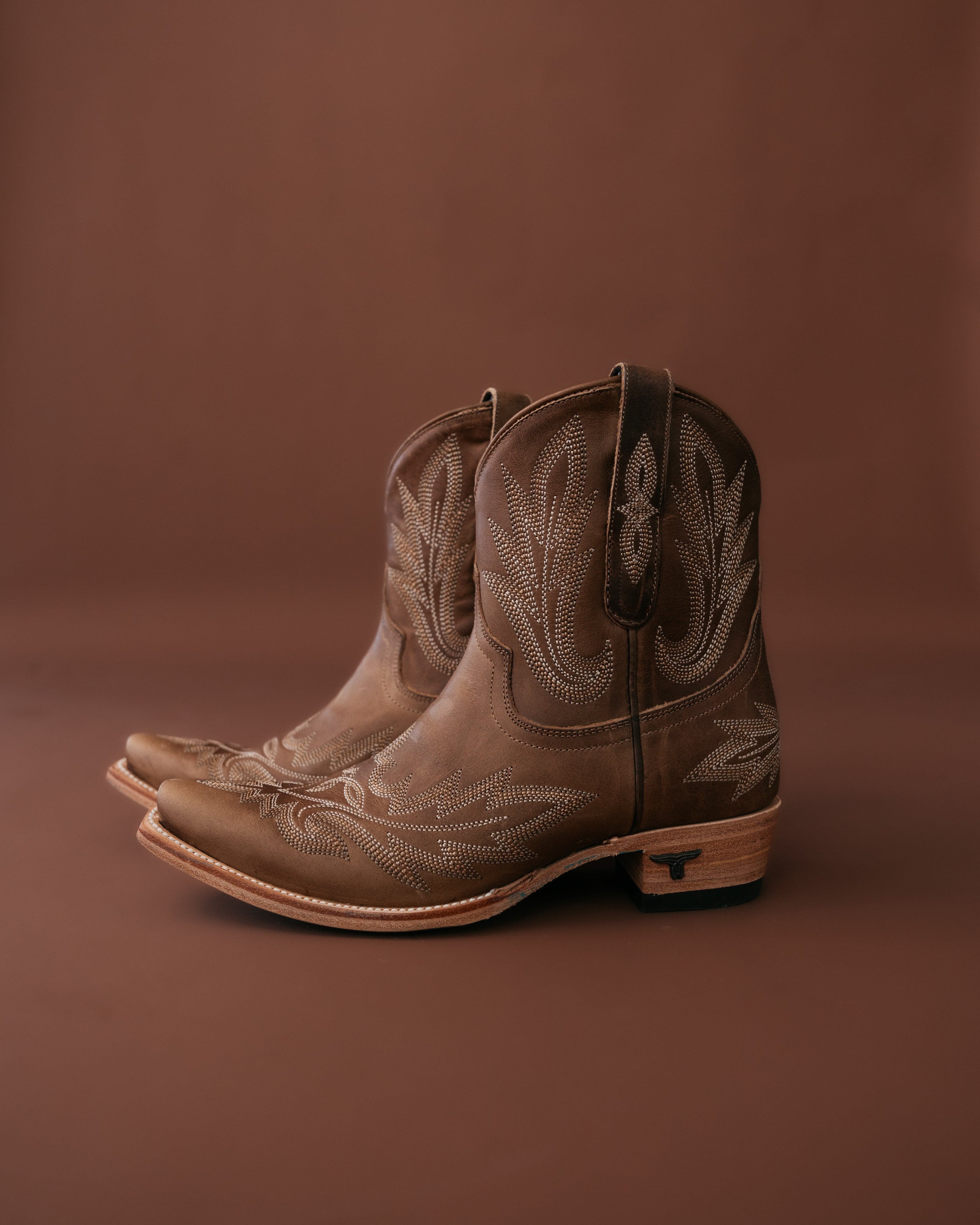 Brown western cowboy boots with embroidered stitching on a brown background