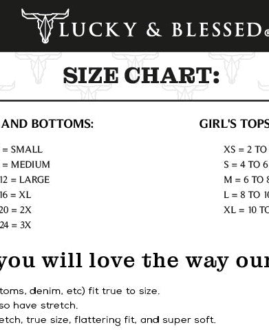 Western clothing size chart for women and girls, includes fit and stretch details.