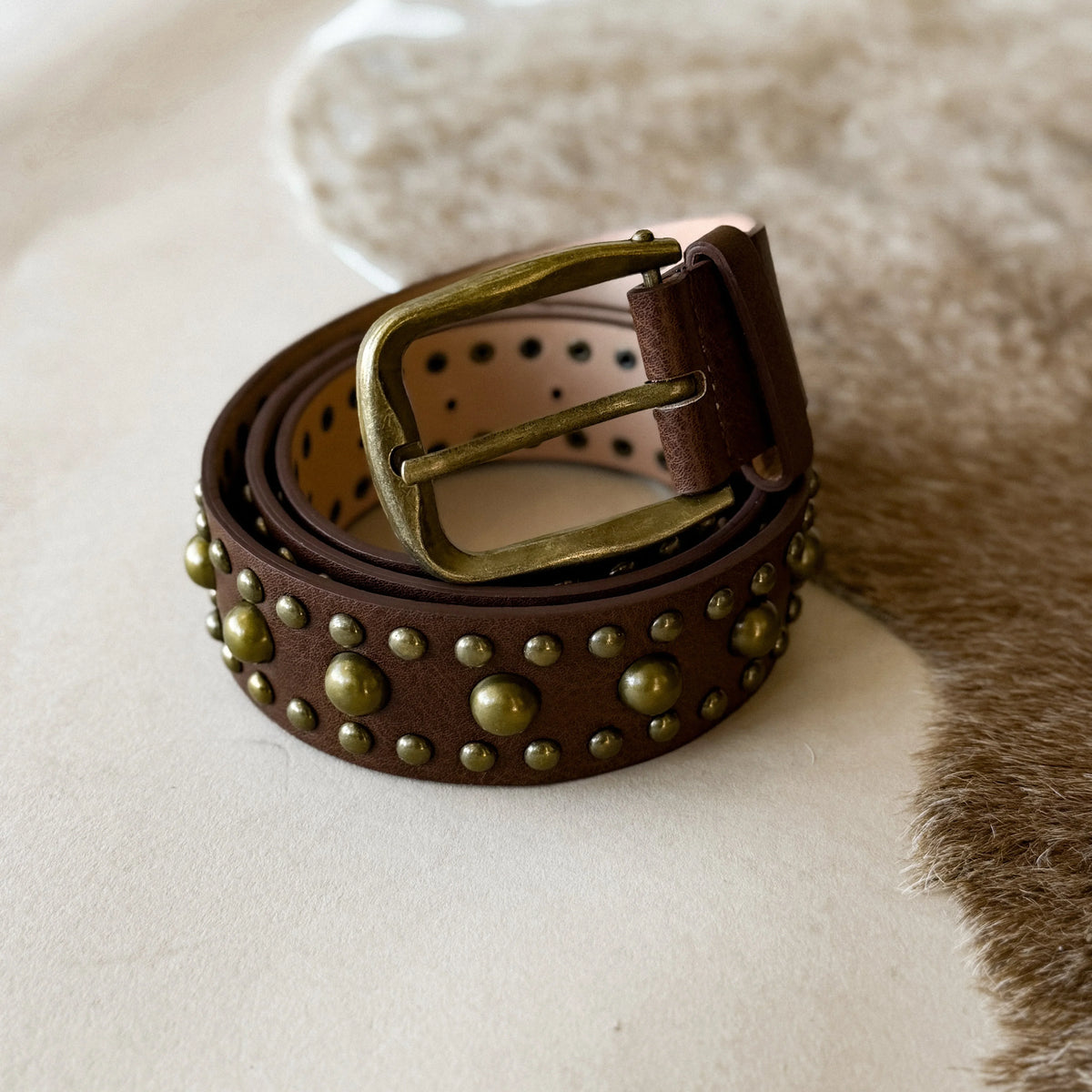 Vintage Gold Star Metal Engraved Buckle Studded PU Leather Belt, Coffee Color Brown Belt Gold Stud - Etsy main image 2
