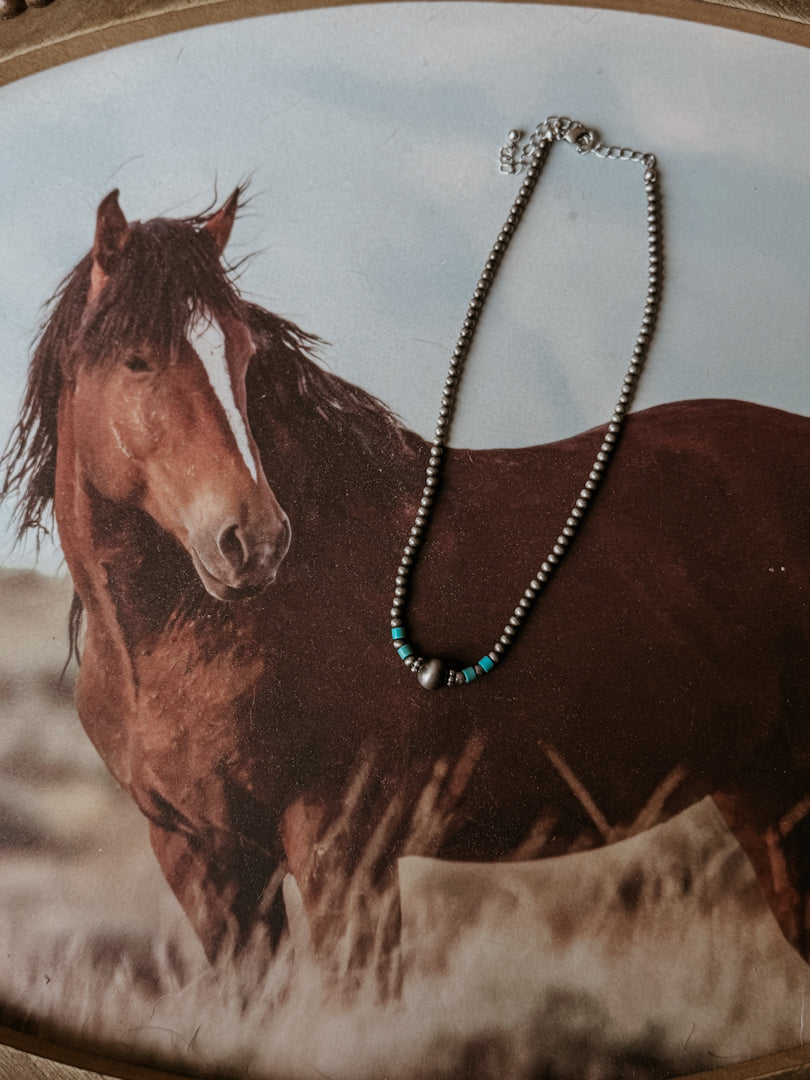 Western beaded necklace with turquoise accents displayed on a horse-themed background