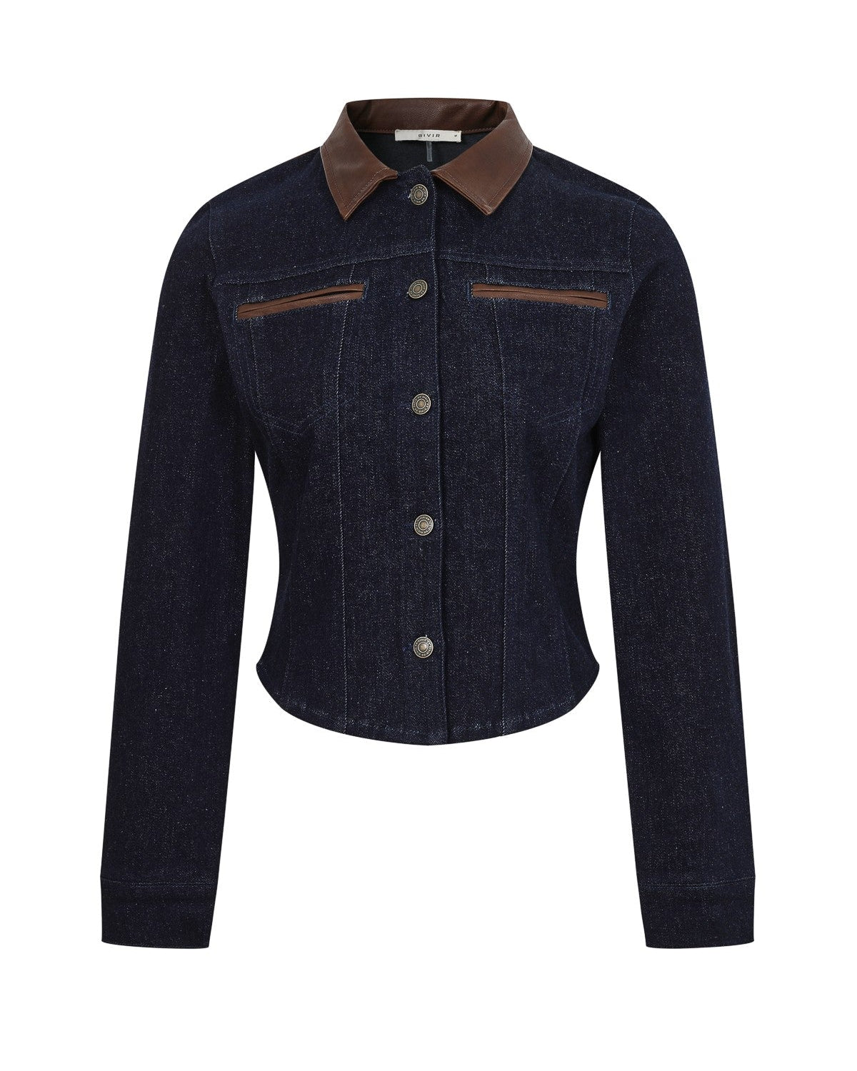 Dark denim western jacket with brown leather collar and trim, button front, long sleeves