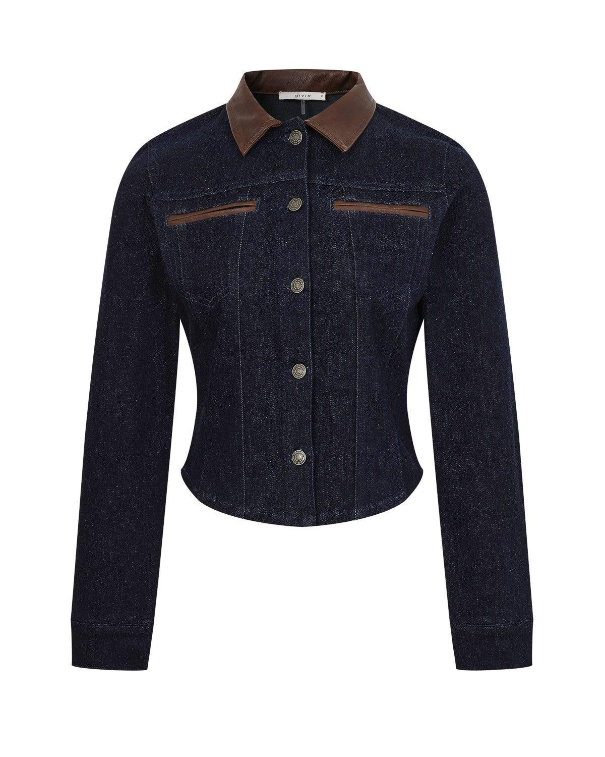 Dark denim western jacket with brown leather collar and trim, button front, long sleeves