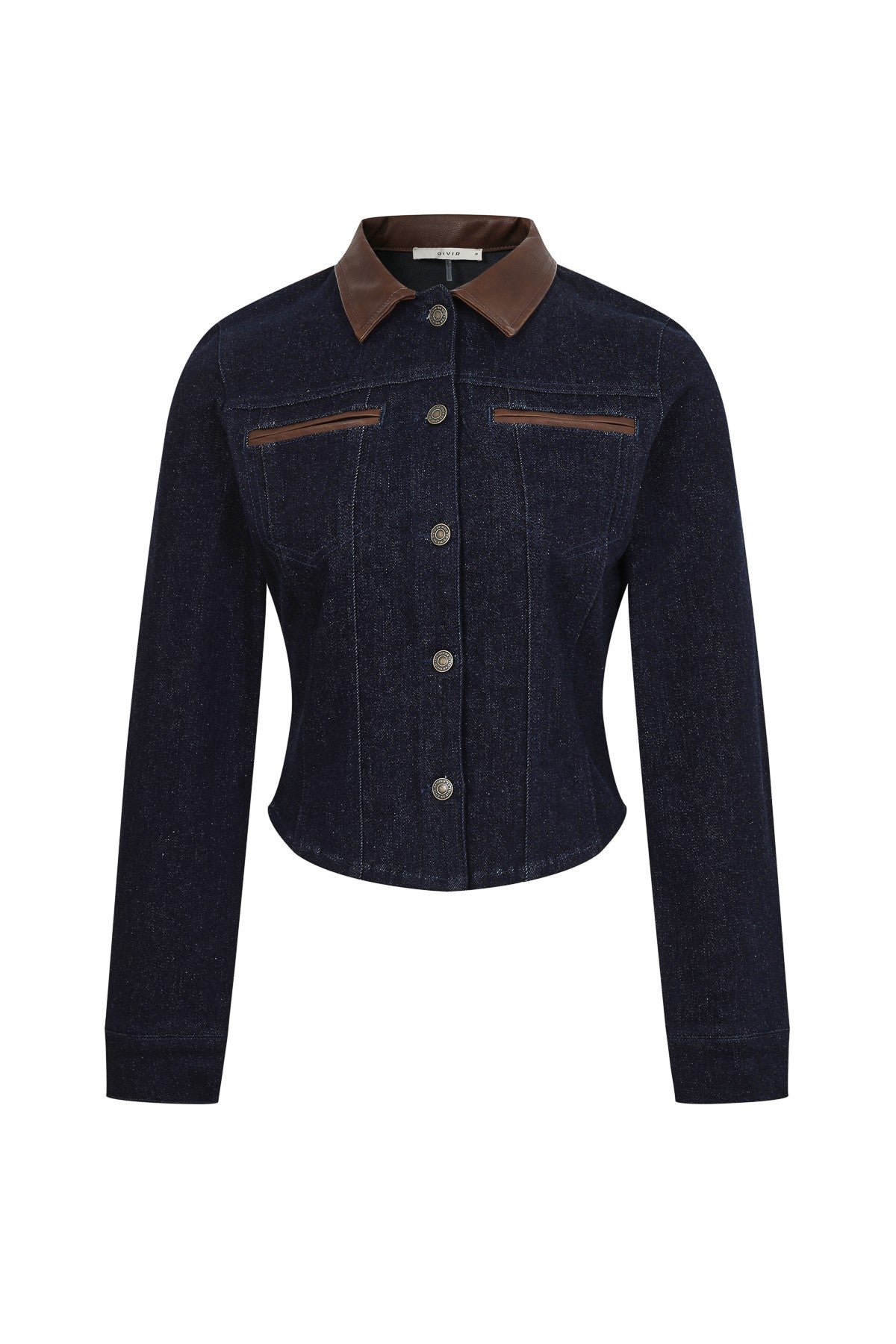 Dark denim western jacket with brown leather collar and trim, button front, long sleeves