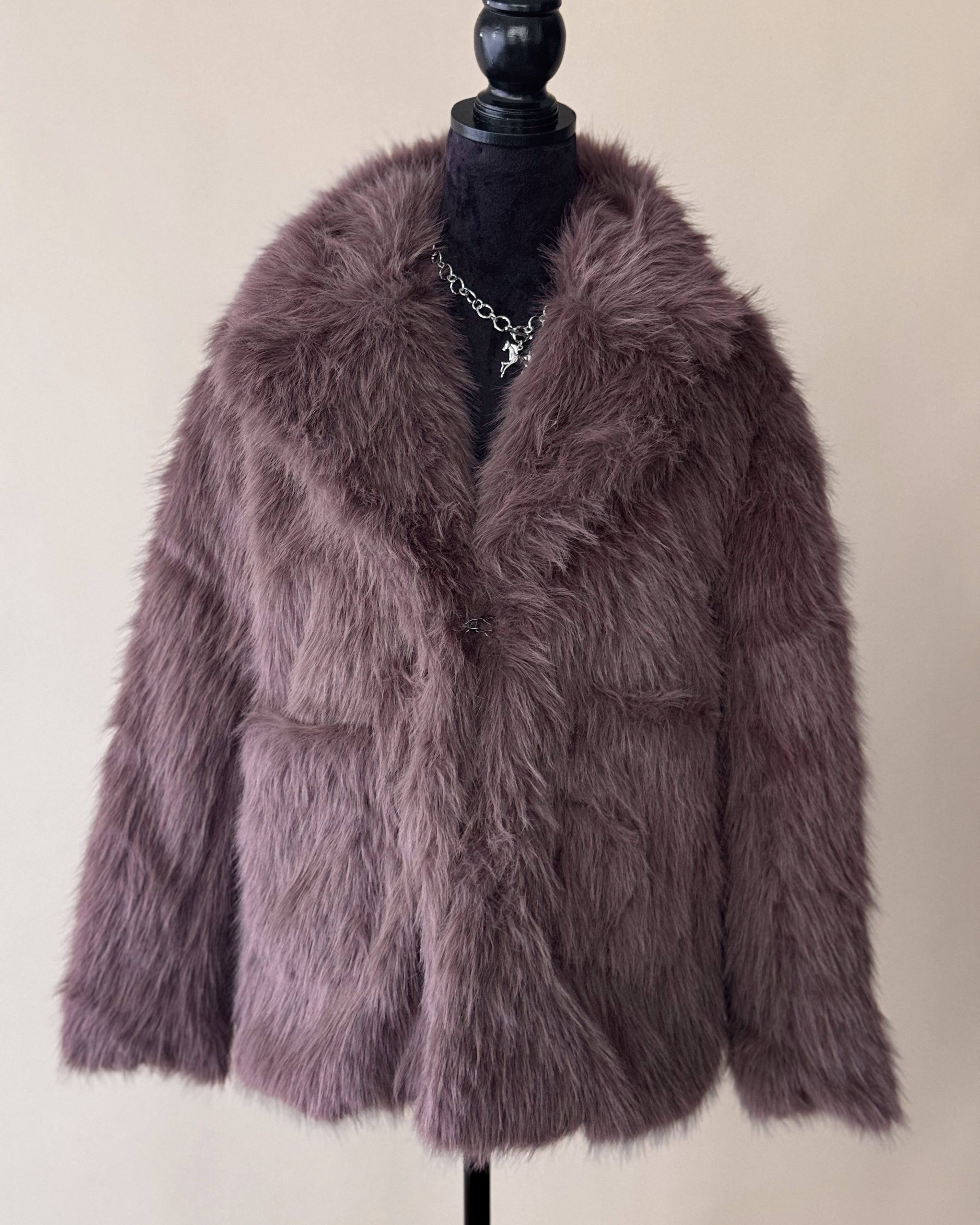 Plum faux fur western jacket with wide collar on mannequin, cozy boho outerwear