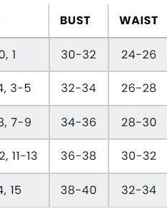 Women's western size chart showing sizes XS to XL with bust, waist, and high hip measurements.