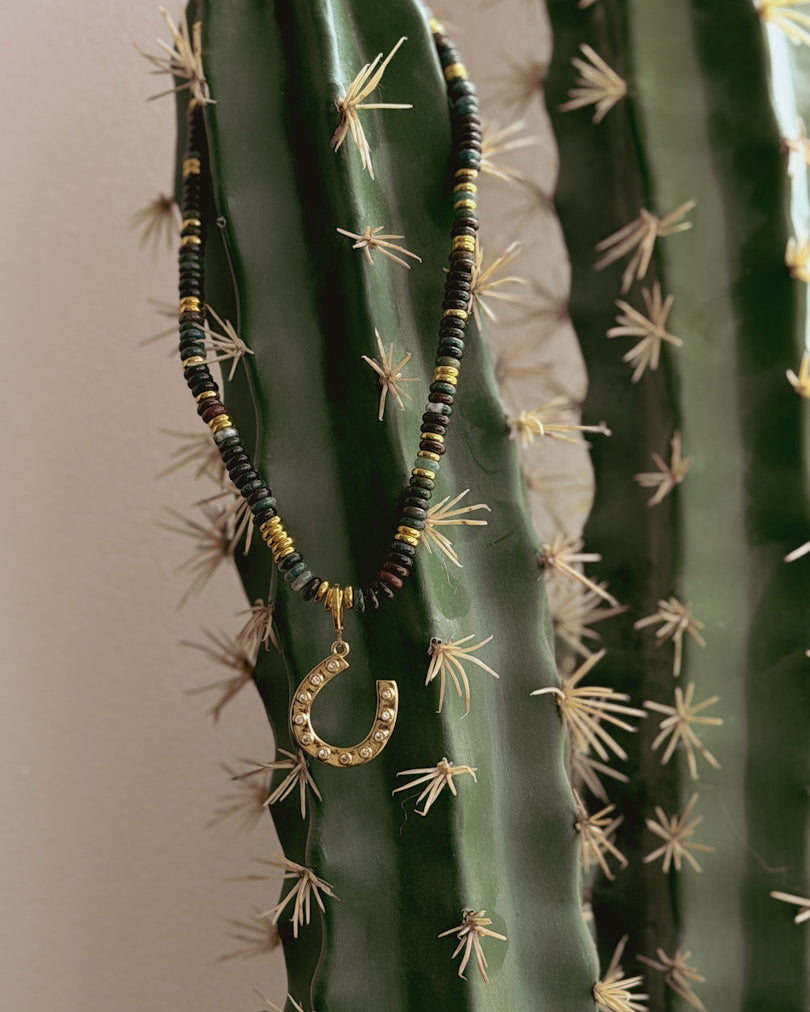 Western boho beaded necklace with gold horseshoe pendant on cactus