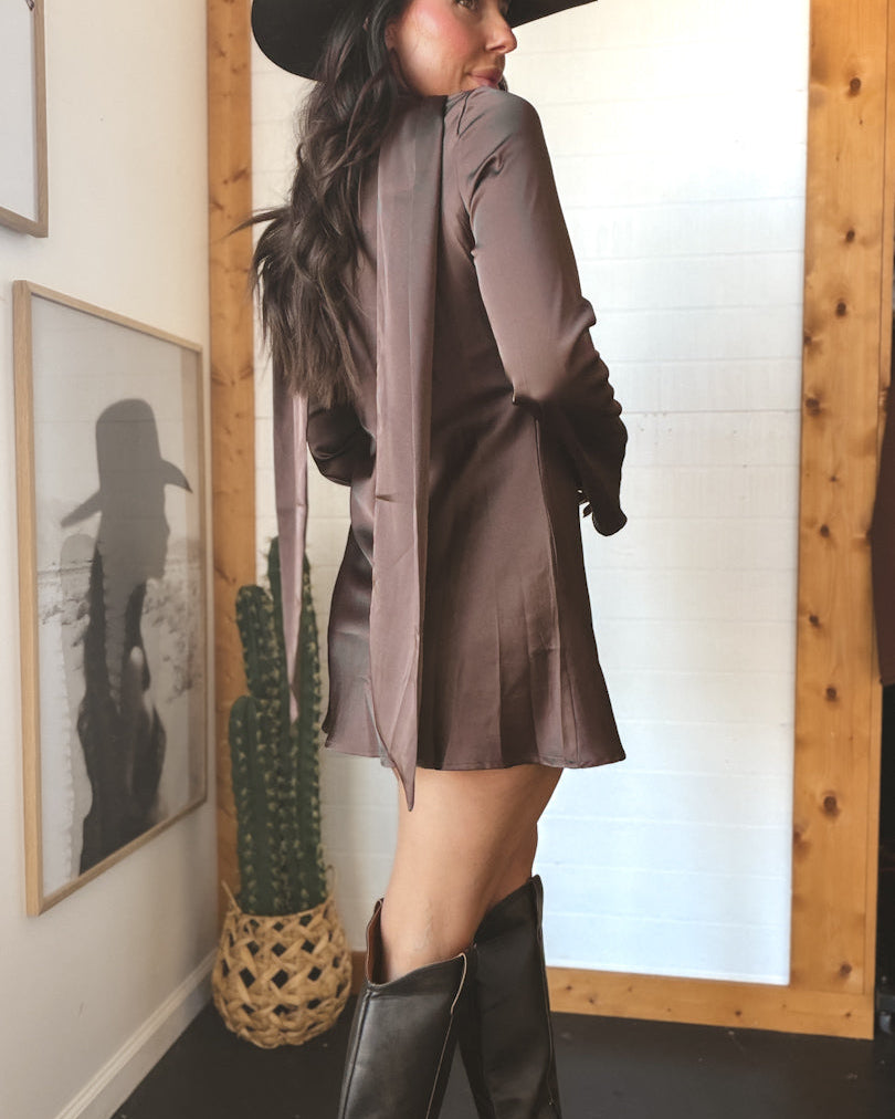 Woman in brown western mini dress, black cowboy hat and boots, standing indoors by cactus