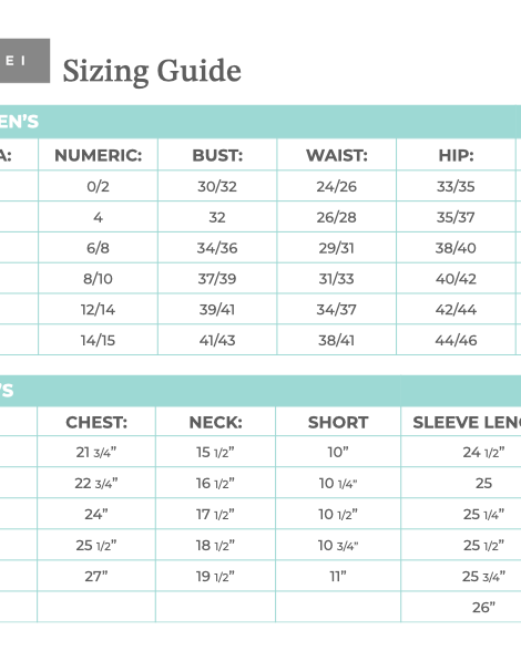 Western boutique size guide for women's and men's apparel with measurements chart.