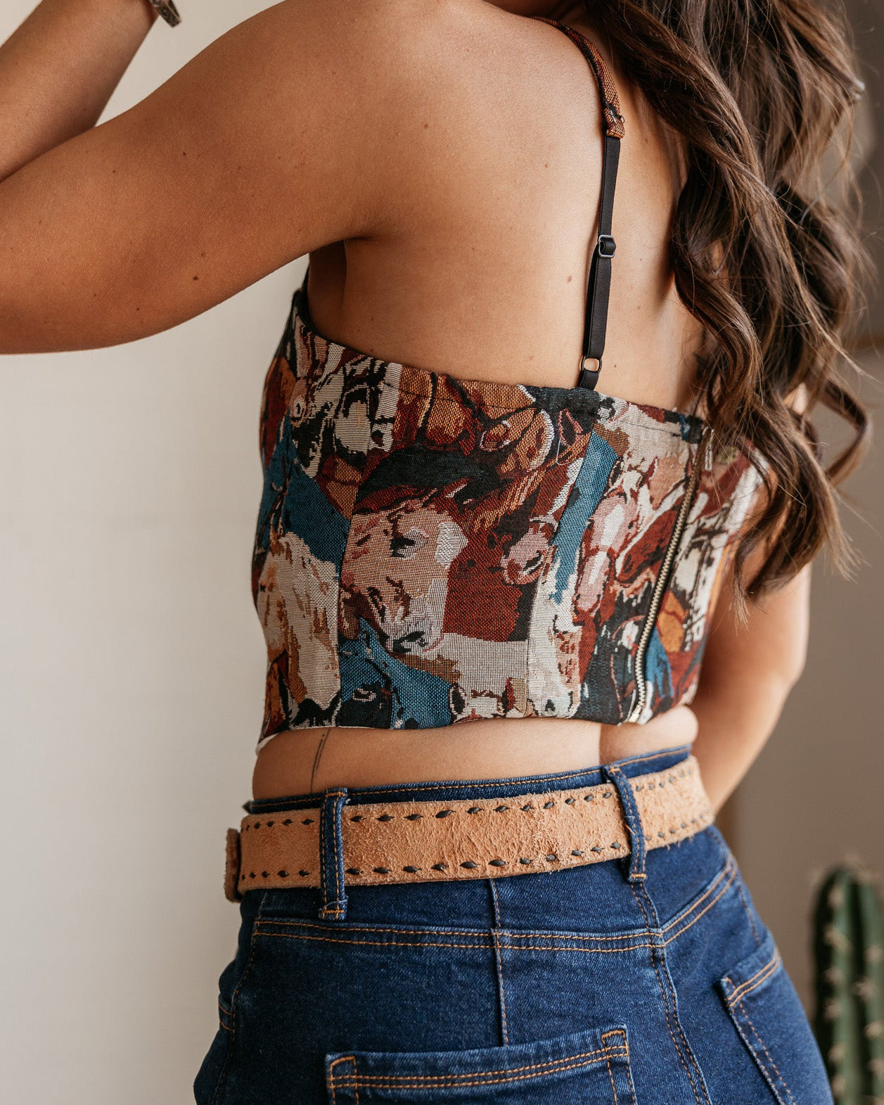 back view of western corset top with horse pattern and spaghetti straps