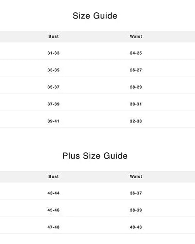Women's western clothing size guide with bust, waist, and hip measurements, including plus sizes.