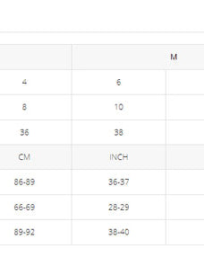Size chart for clothing with measurements in different units