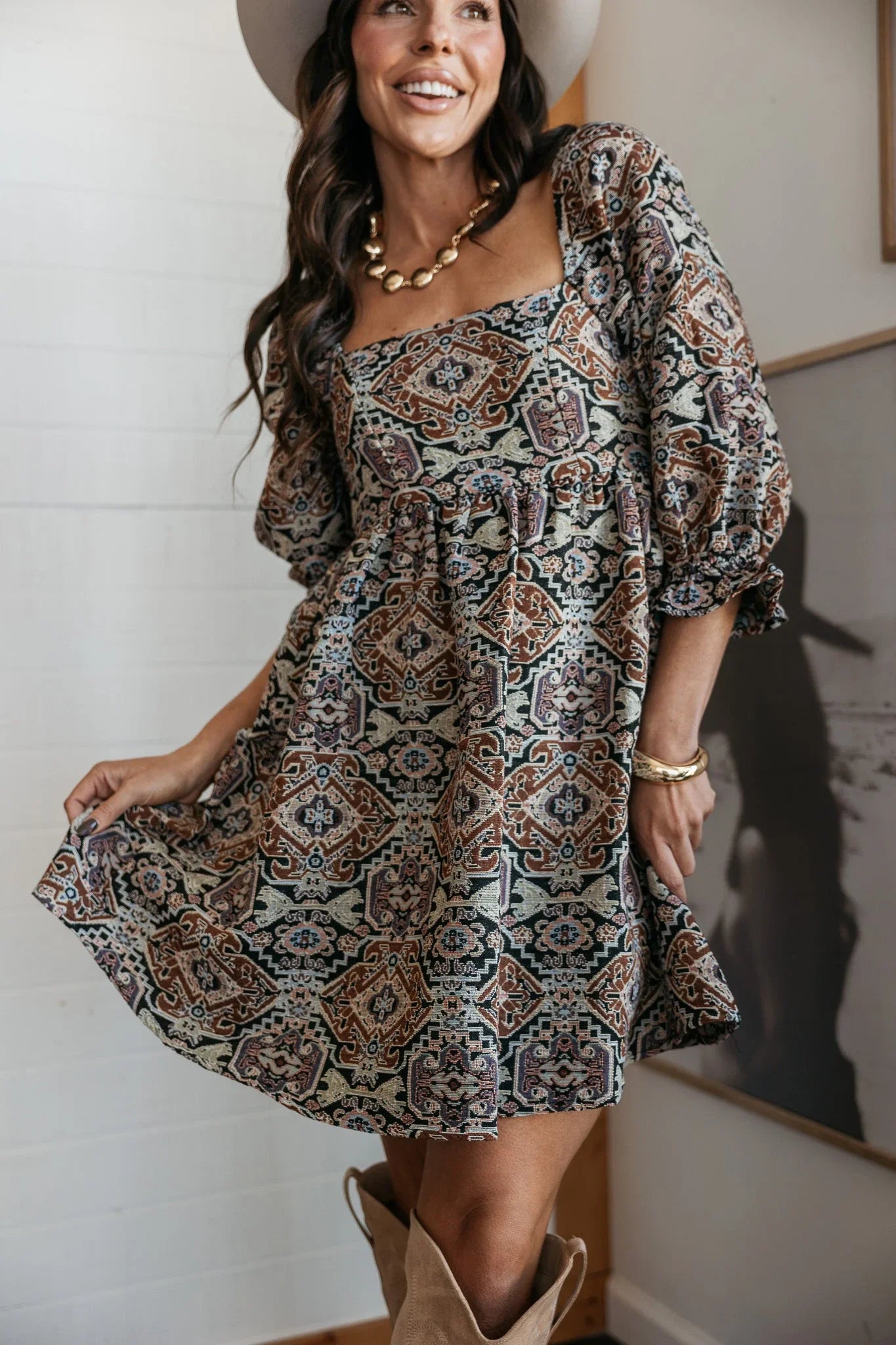 Jacquard Tapestry Babydoll Mini Dress | The Wild J Jacquard Tapestry Babydoll Mini Dress | The Wild J