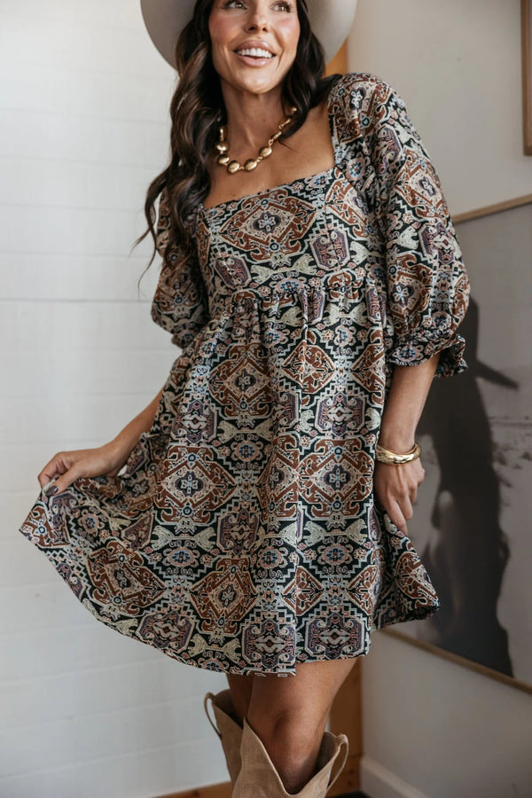 Jacquard Tapestry Babydoll Mini Dress