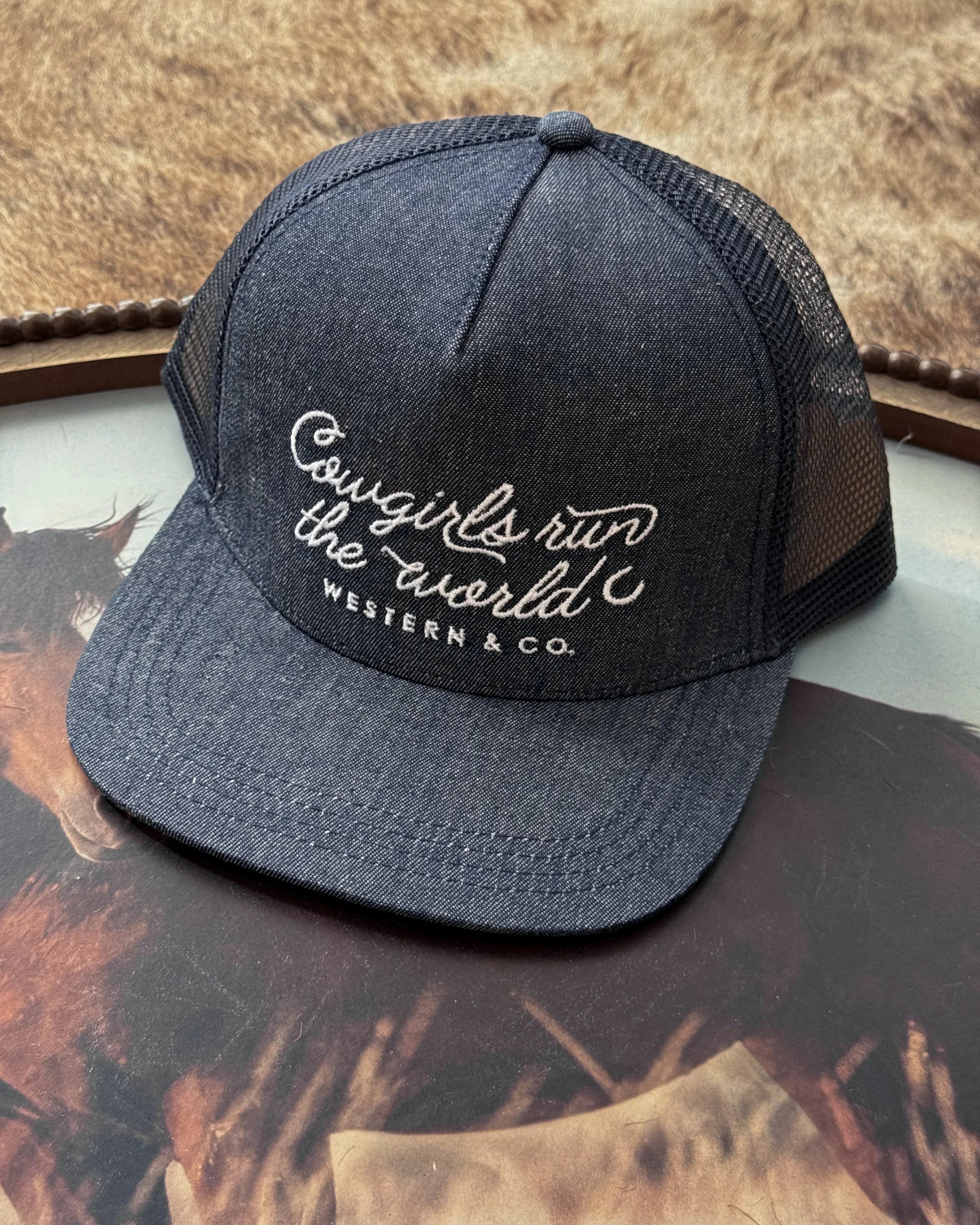 Black mesh trucker hat with 'Cowgirls run the world' embroidered, western boho style