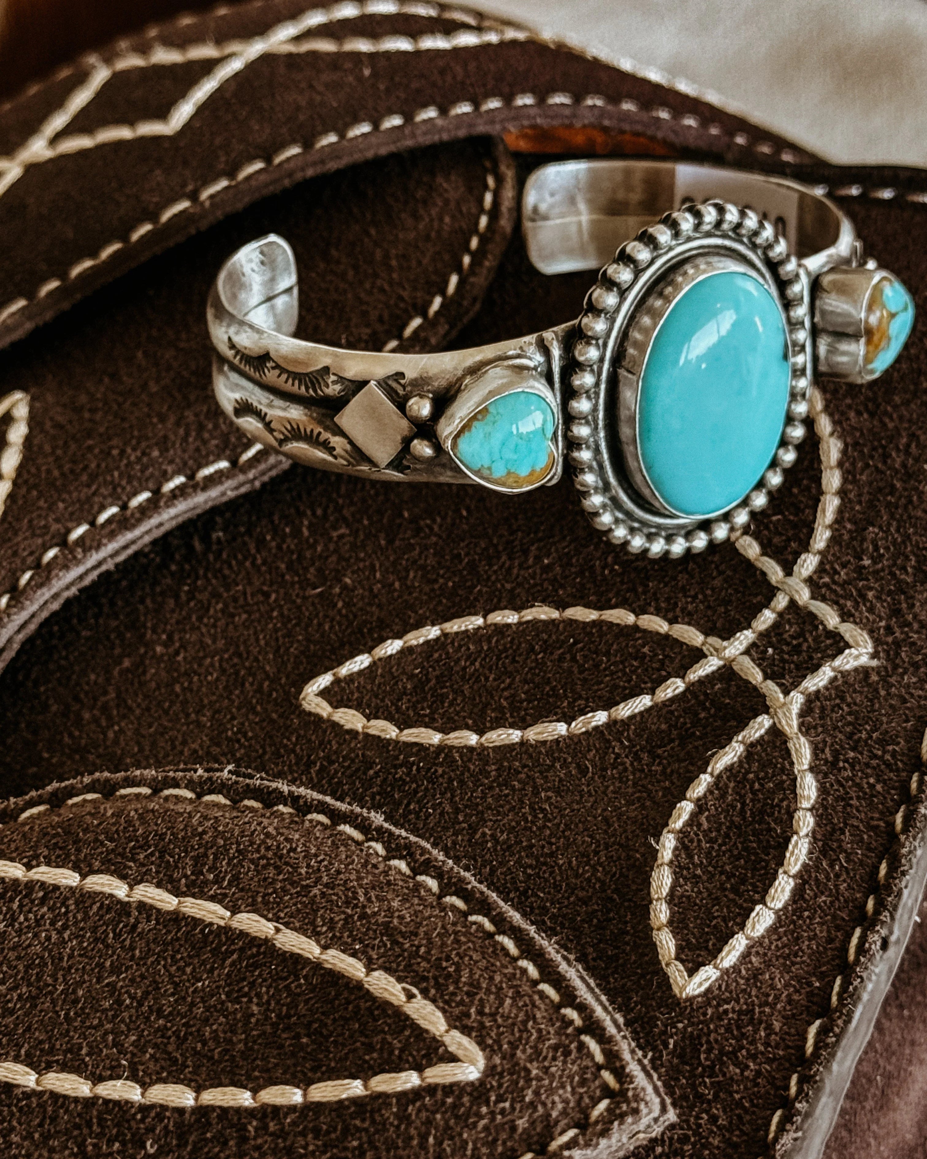 Turquoise and silver western cuff bracelet on embroidered brown suede, boho jewelry style