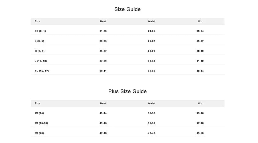 Women's western clothing size guide with bust, waist, and hip measurements, including plus sizes.
