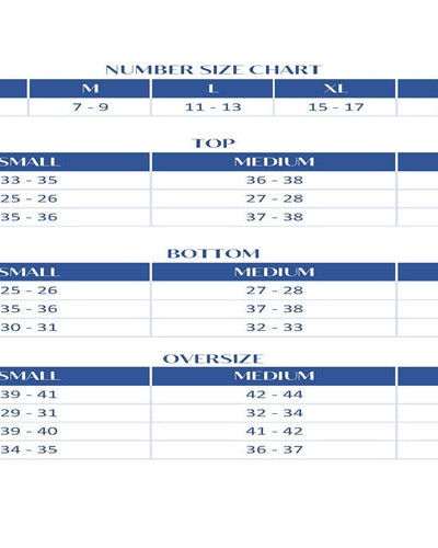 Size chart for clothing with measurements in centimeters on a white background