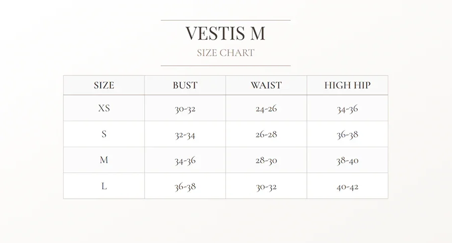 Size chart for Vestis M clothing with measurements in inches.