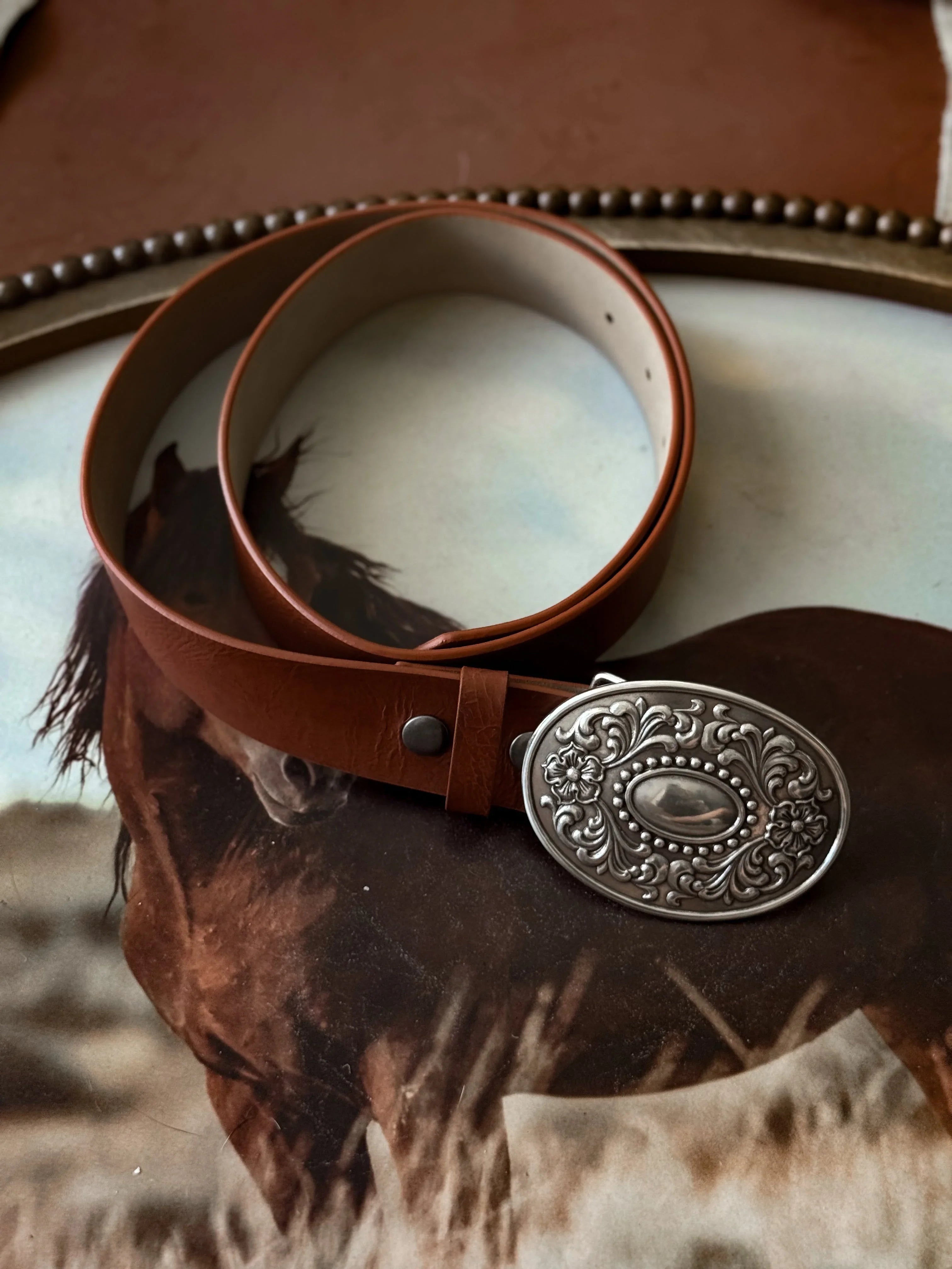 Brown western belt with ornate silver buckle on horse background, cowgirl fashion accessory
