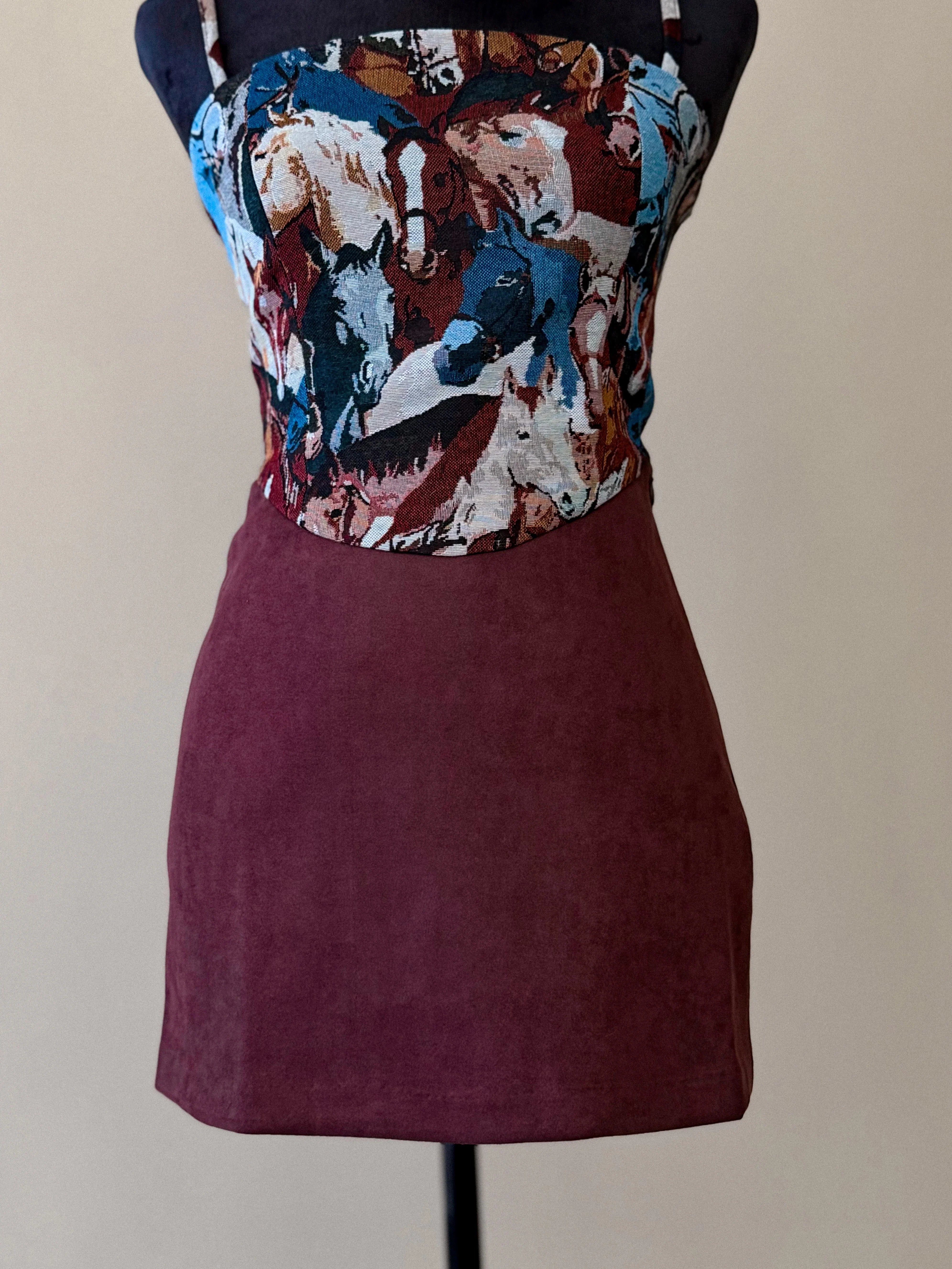 Western boho mini dress with colorful horse print top and burgundy suede skirt