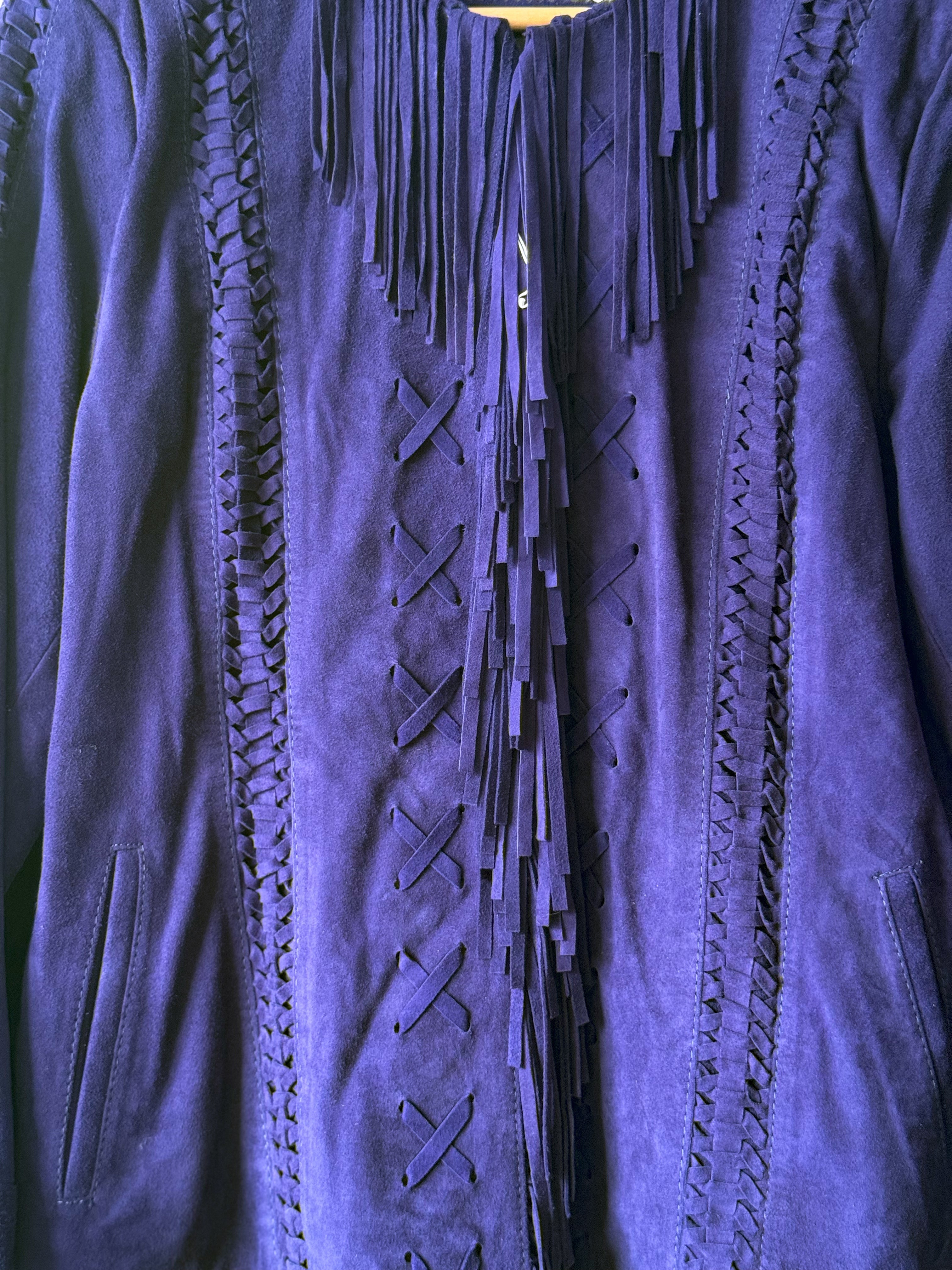 Purple suede western jacket with fringe and braided detailing, boho rodeo festival style