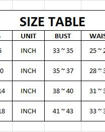 Size table for clothing measurements in inches