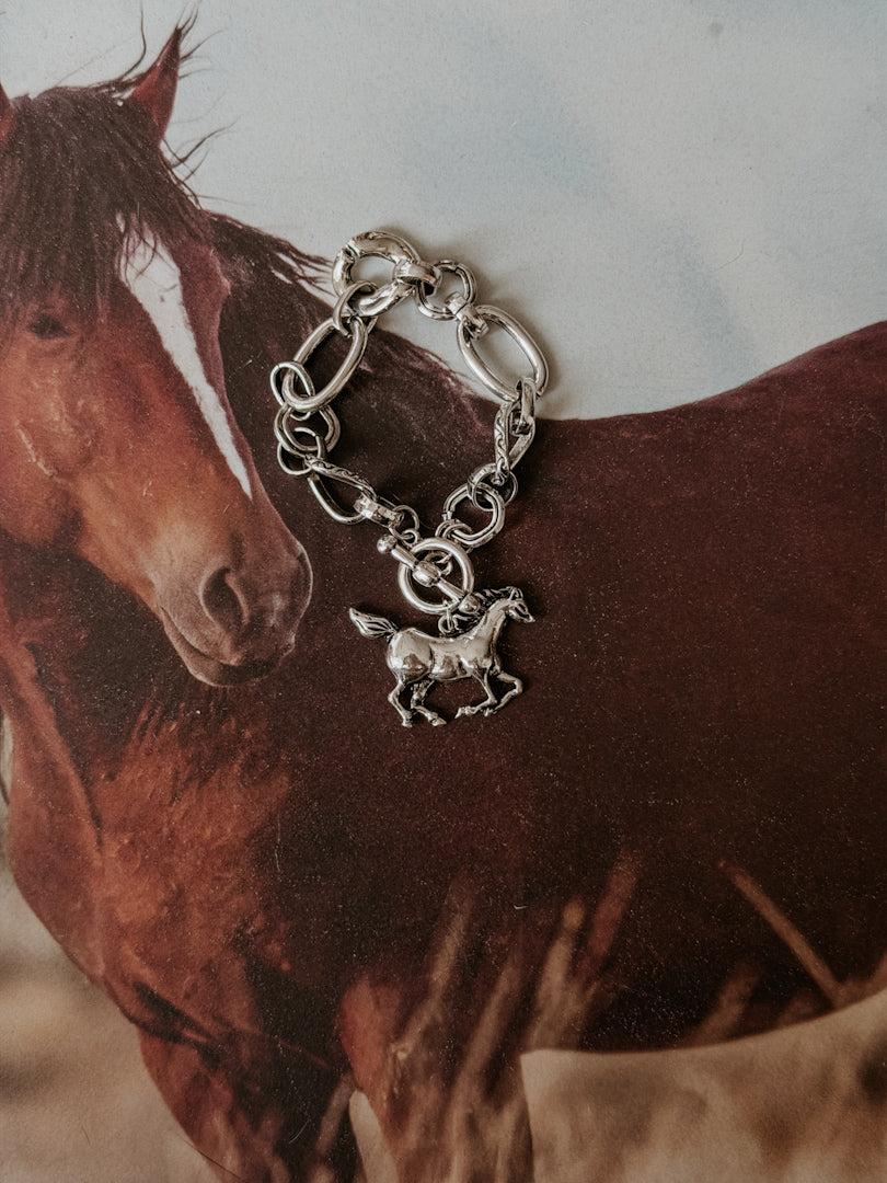 Silver horse charm bracelet with western style chain on horse background