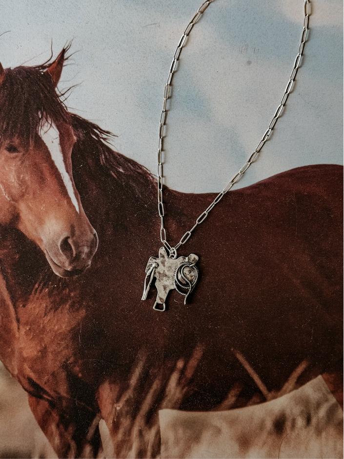 Silver western cowgirl necklace with cowboy hat pendant on horse photo background