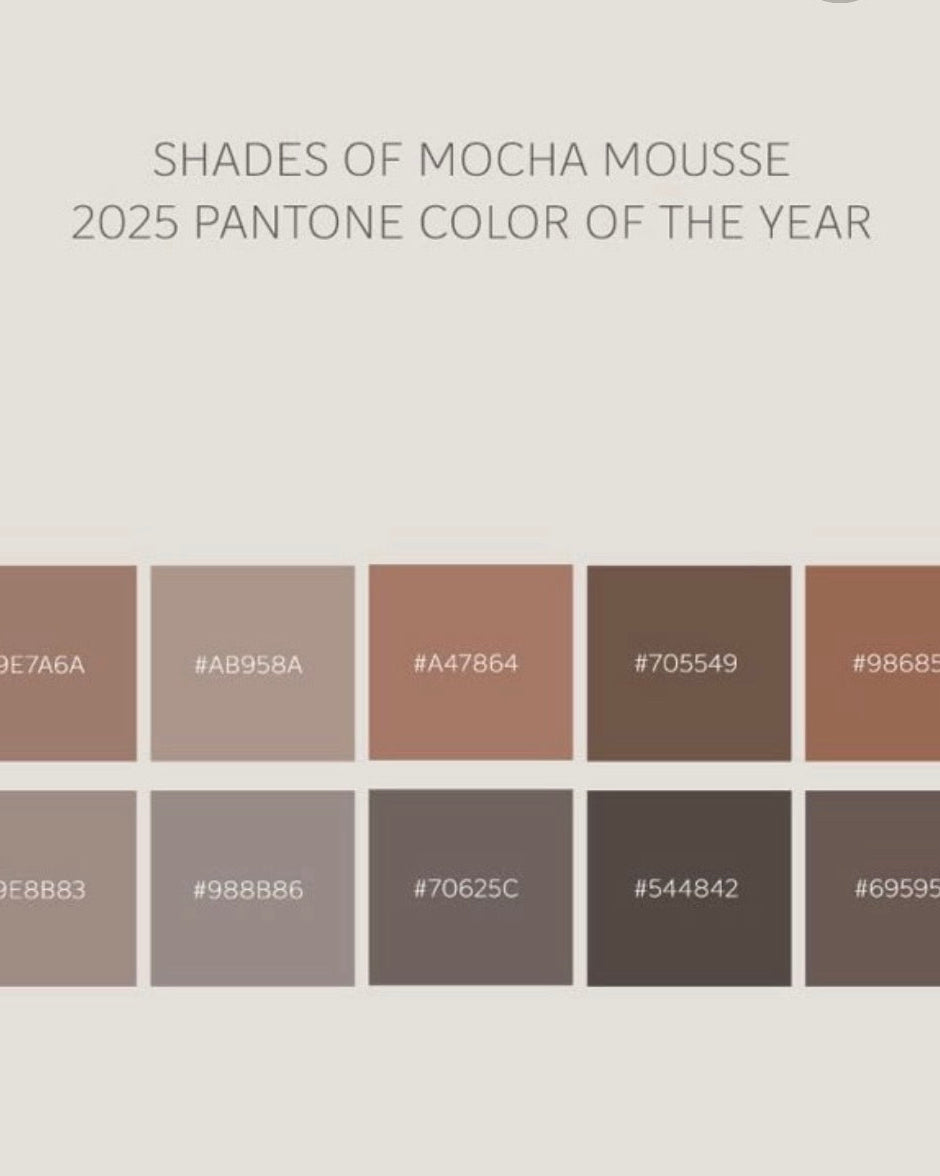 Pantone 2025 color palette featuring mocha mousse shades and hex codes, neutral brown tones.