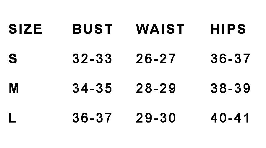 Western boutique women's size chart with bust, waist, and hips measurements for S, M, L.