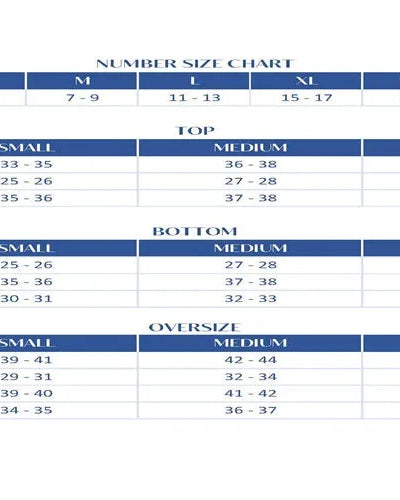 Size chart for clothing with measurements in centimeters on a white background