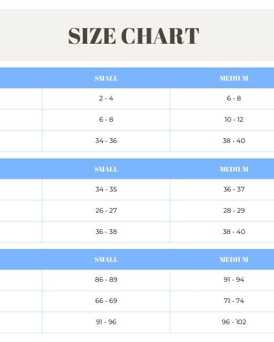 Size chart for clothing measurements in various units
