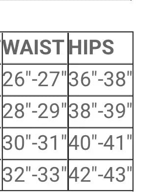 Women's western jacket size chart with US sizes, bust, waist and hips measurements.