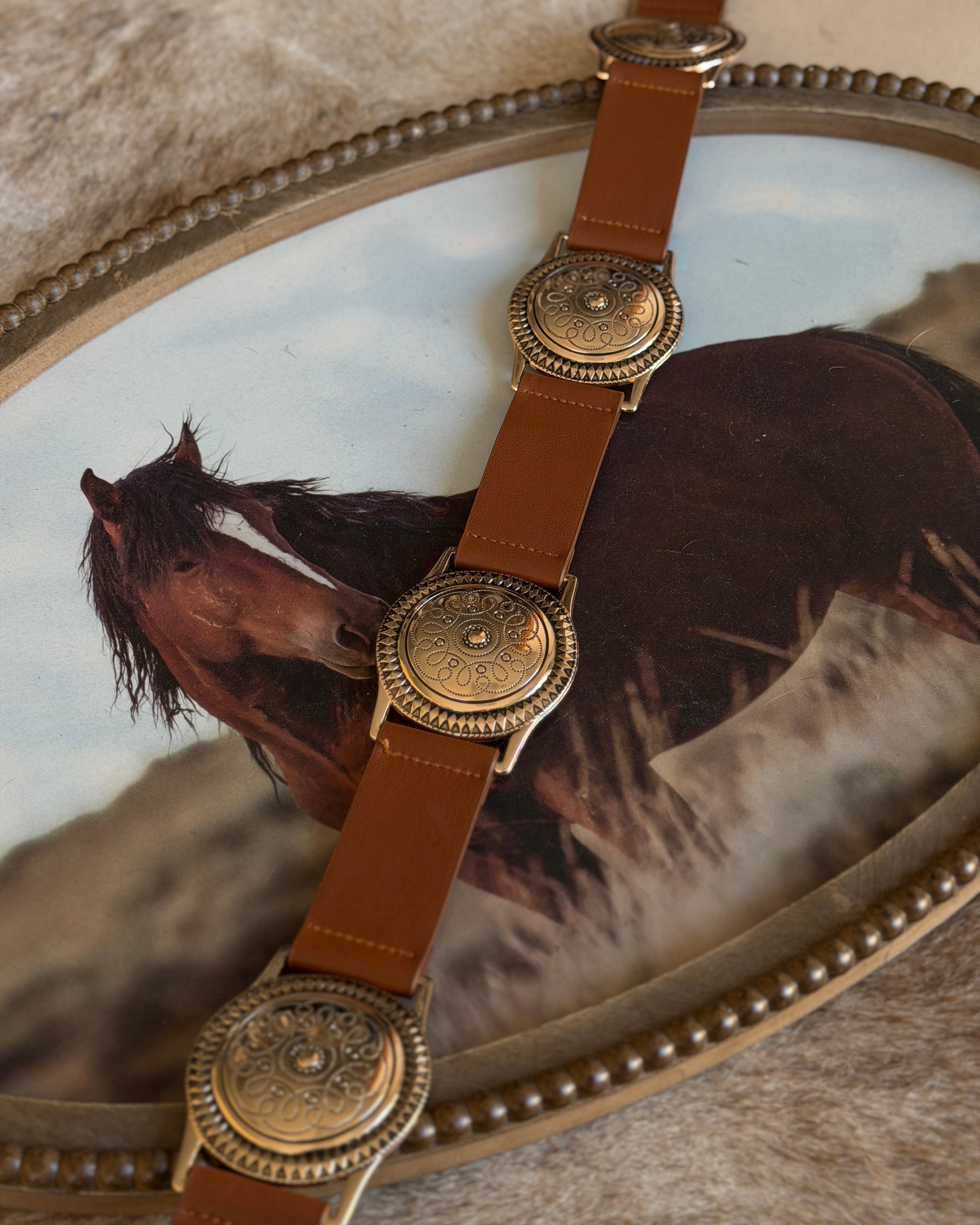 Brown leather western concho belt with engraved silver details on a horse-themed background