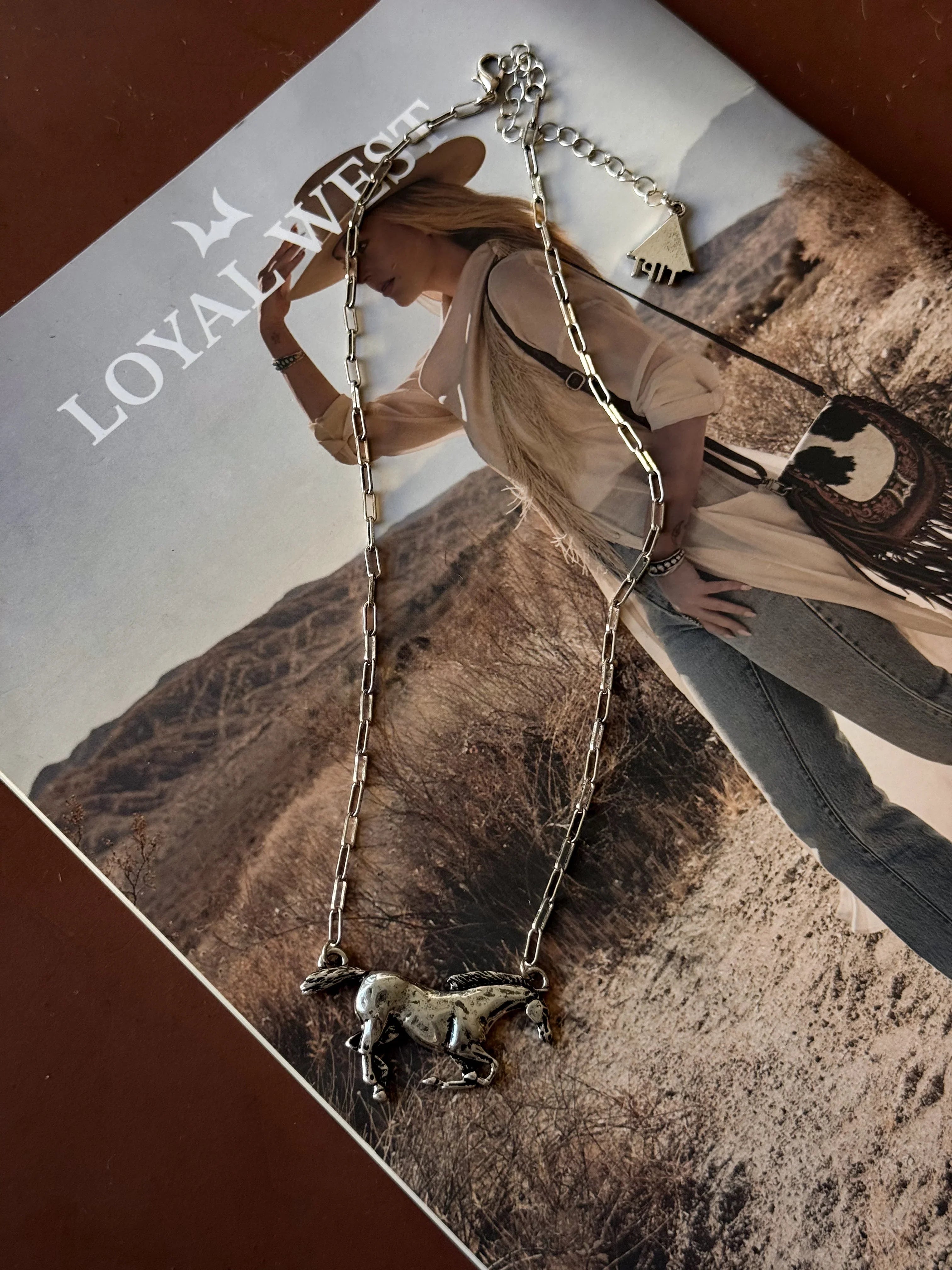 Necklace with a horse pendant on a magazine cover featuring a desert scene.