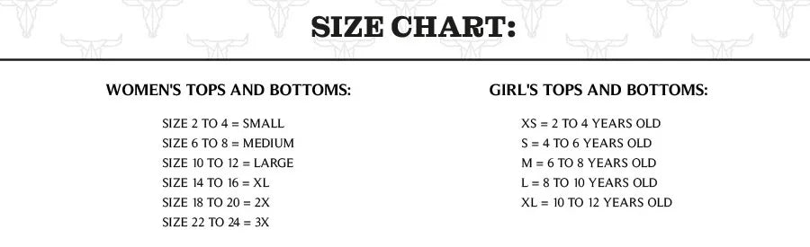 Size chart for women's and girls' tops and bottoms with age groups.