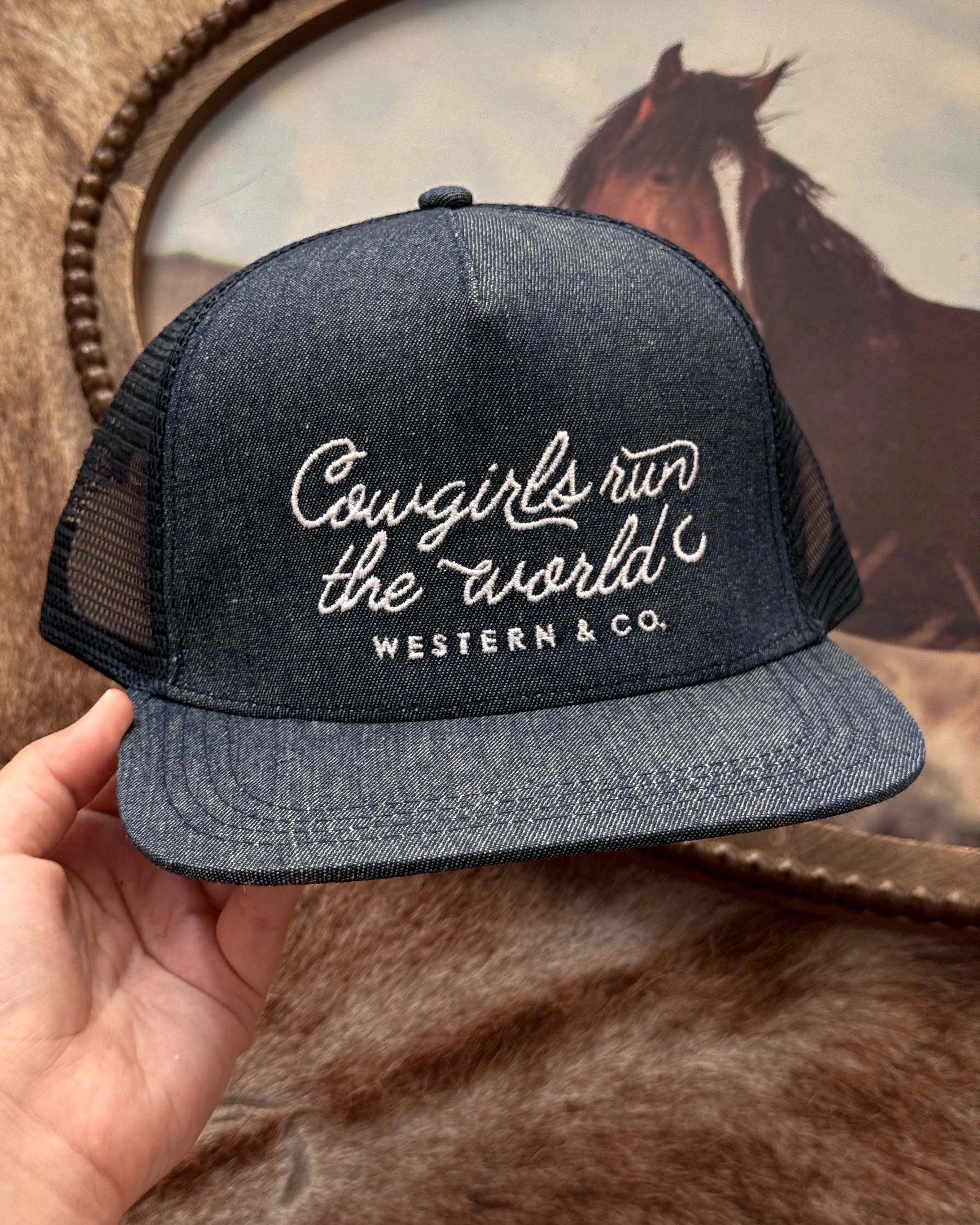 Denim trucker hat with 'Cowgirls run the world' embroidery, western cowgirl style