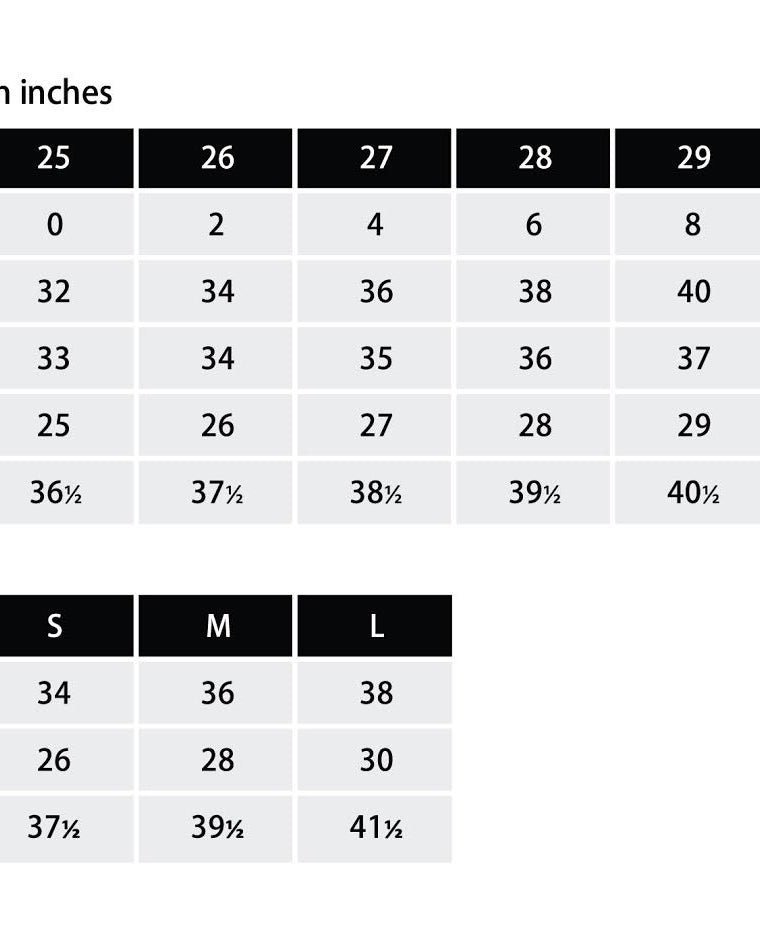 Size guide chart for clothing measurements in inches, US, EUR, chest, waist, and hips.