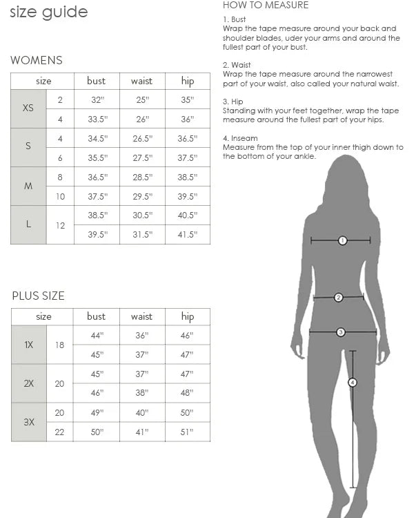 Women's and plus size clothing size chart with bust, waist, and hip measurements guide.