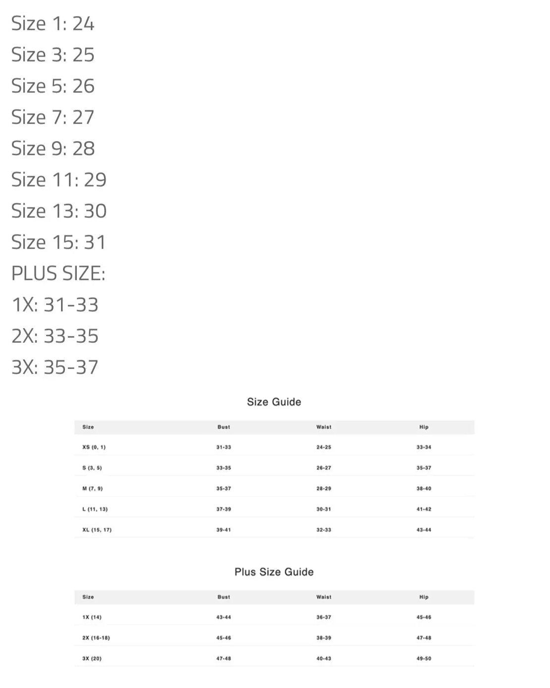 Women's western clothing size chart and plus size guide with bust, waist, and hip measurements.