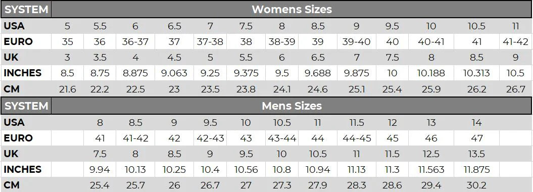 Western footwear size chart for men and women in USA, UK, Euro, inches, and cm.