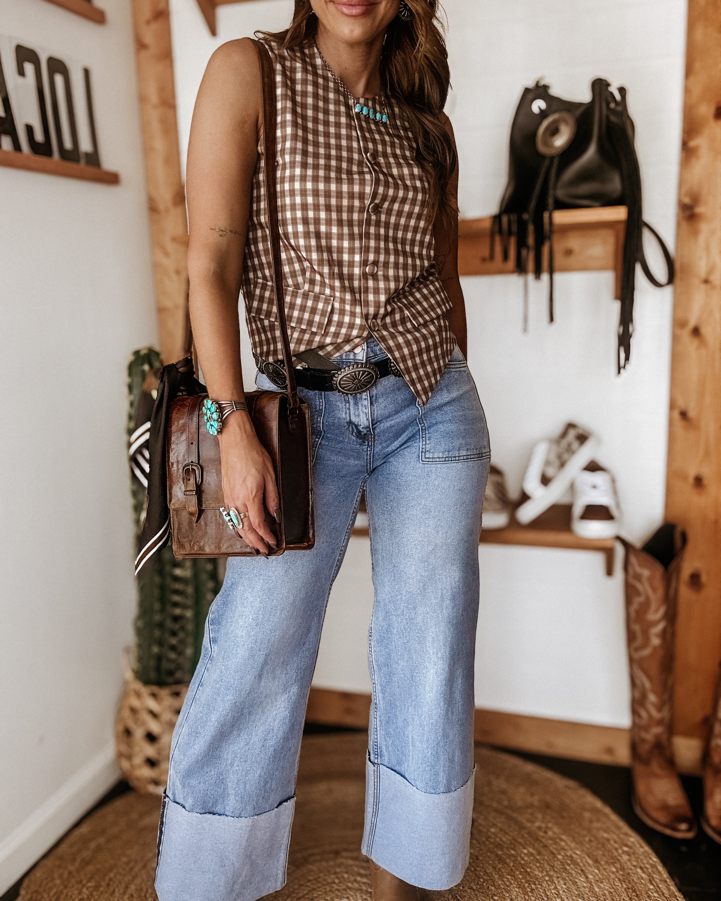western wide leg cuffed jeans with western gingham vest