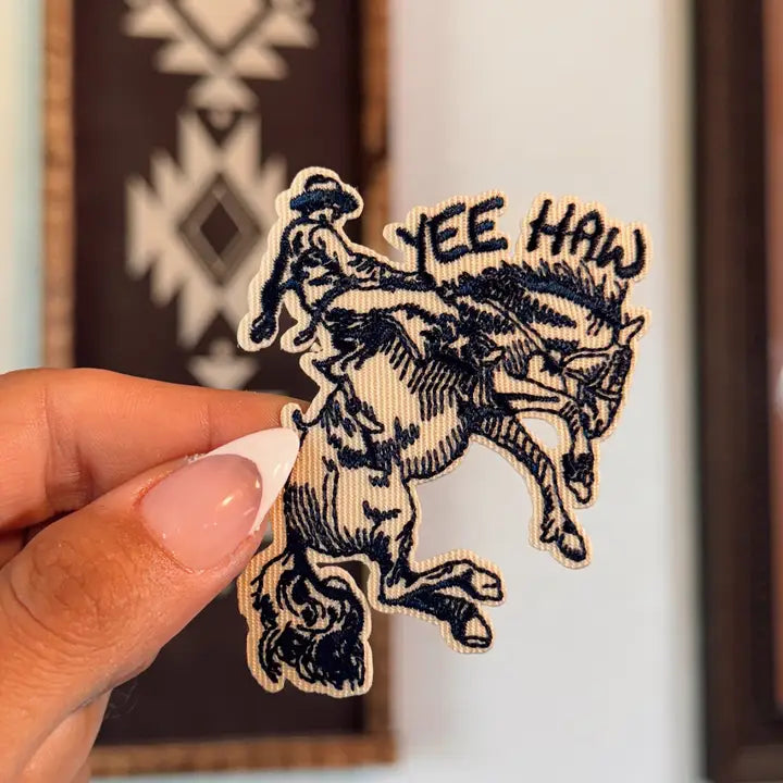 western iron on patch. yee haw accessory patch with cowboy on bucking horse