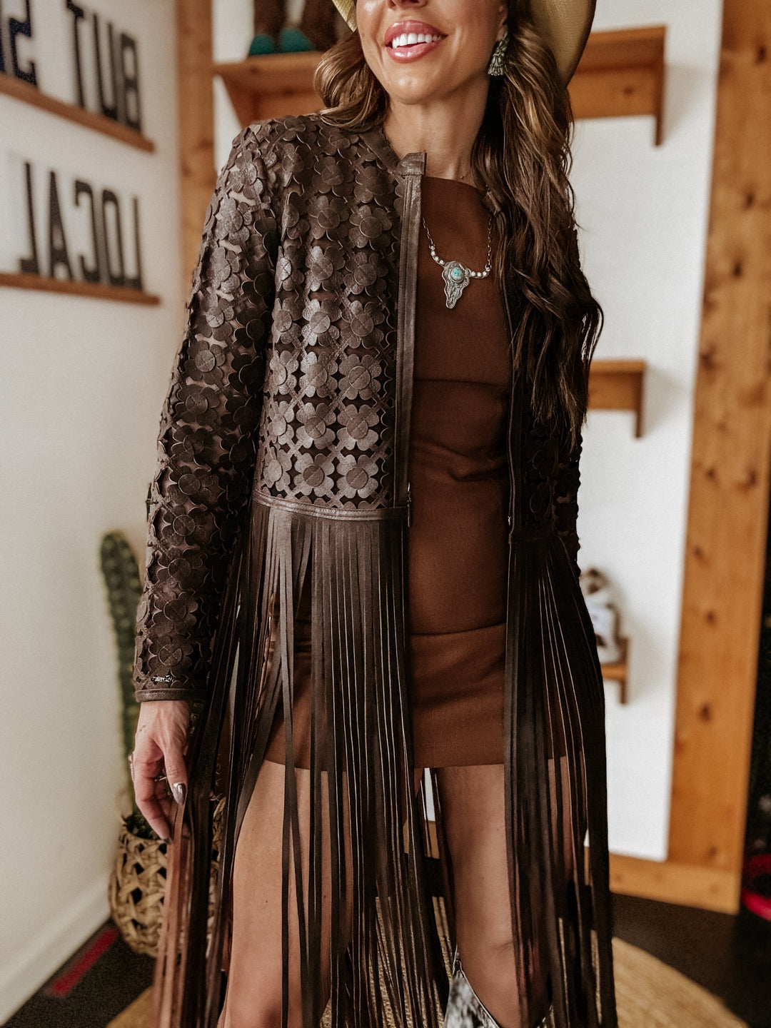 brown fringe duster with brown mini dress