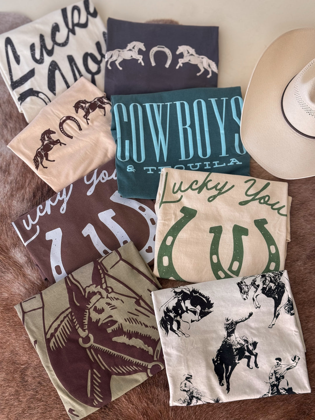 western graphic tees styled with cowgirl hat
