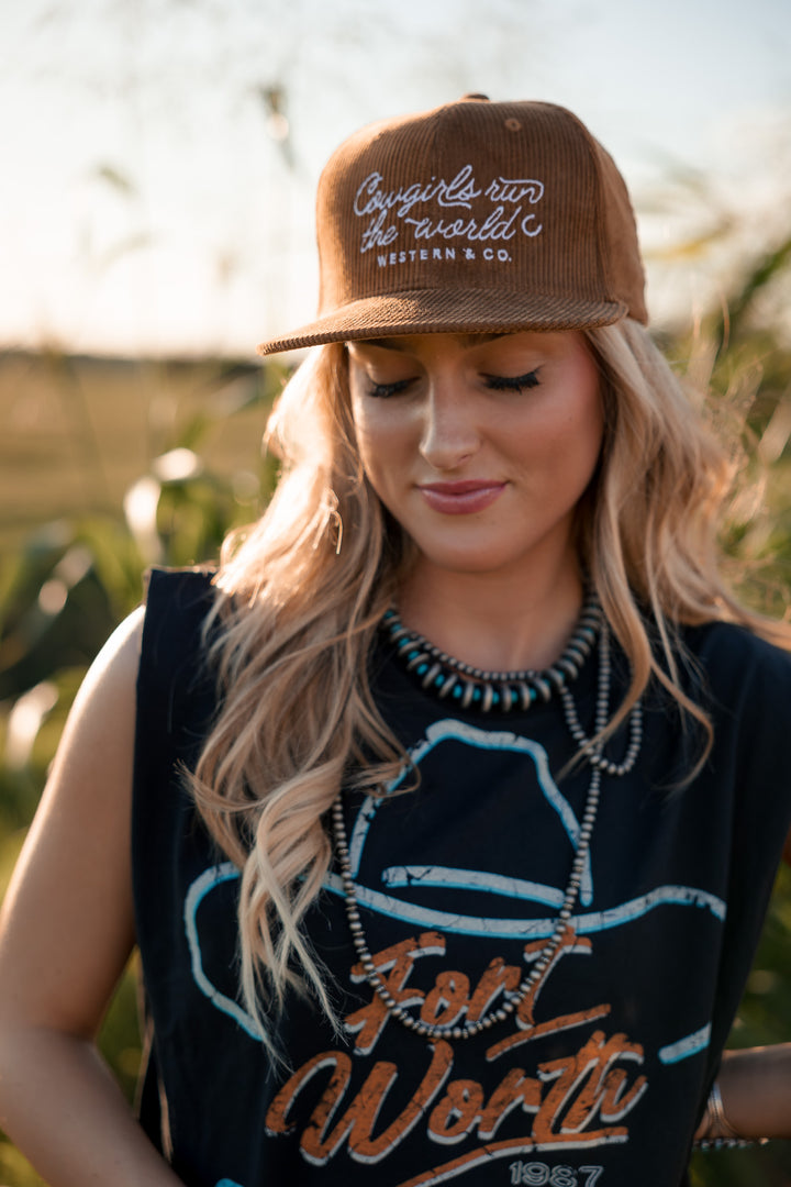 Cowgirls Run the World Trucker Hat - Camel Corduroy