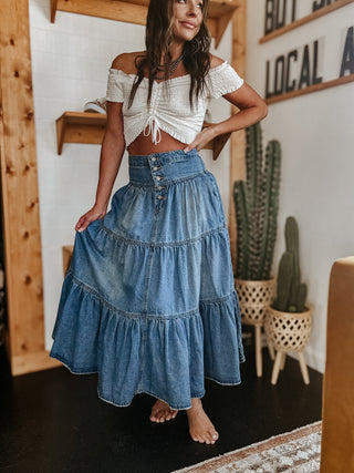 The Tiered Denim Maxi Skirt