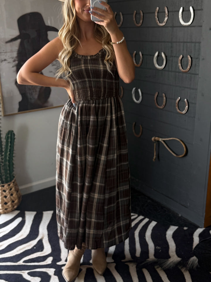 Timber Trail Plaid Smocked Midi Dress PRE ORDER 8/30