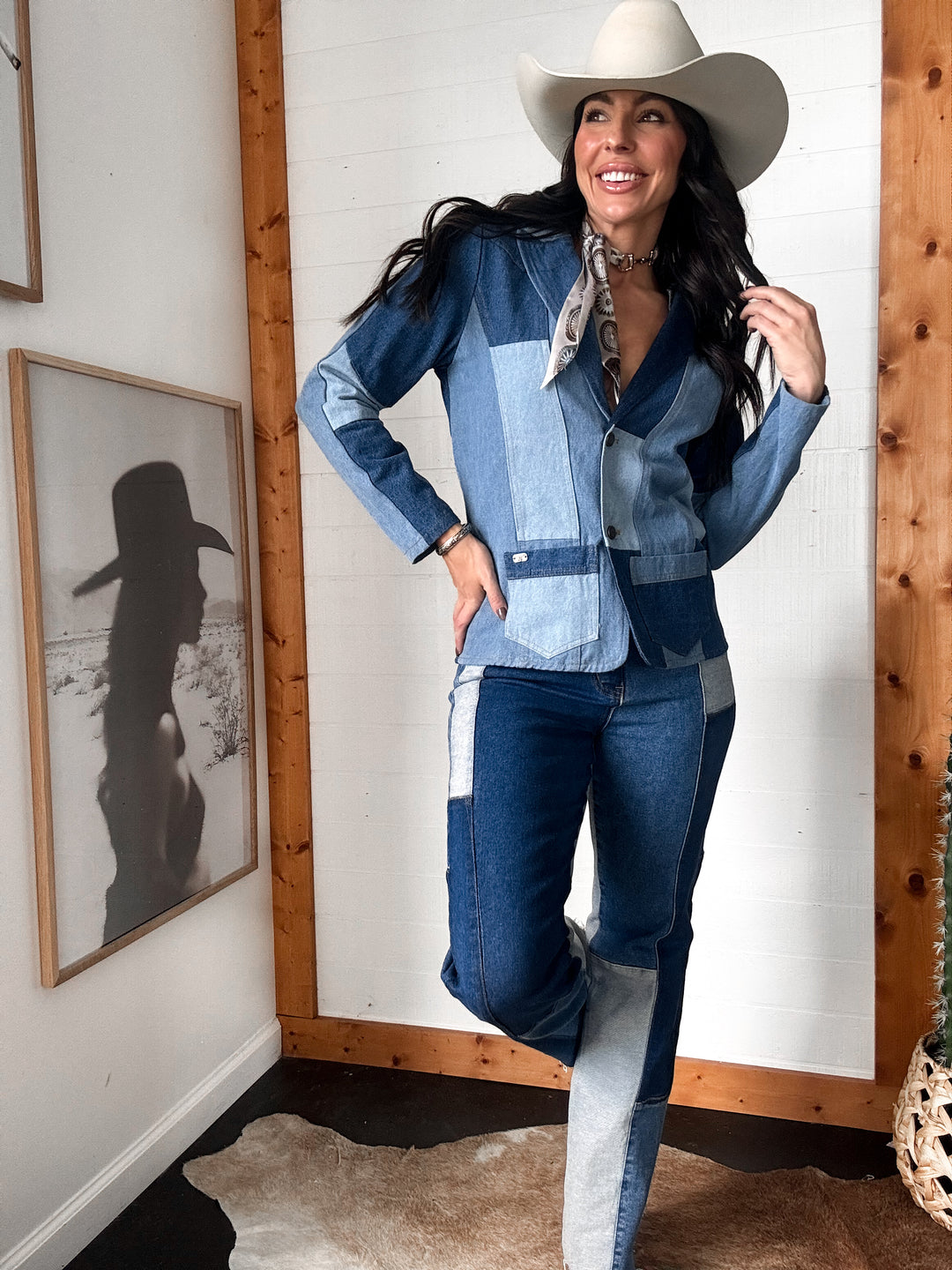 High Rise Patch Work Straight Leg Jeans