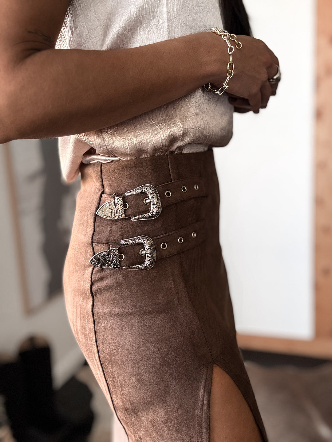 Faux Suede Buckle Maxi Skirt